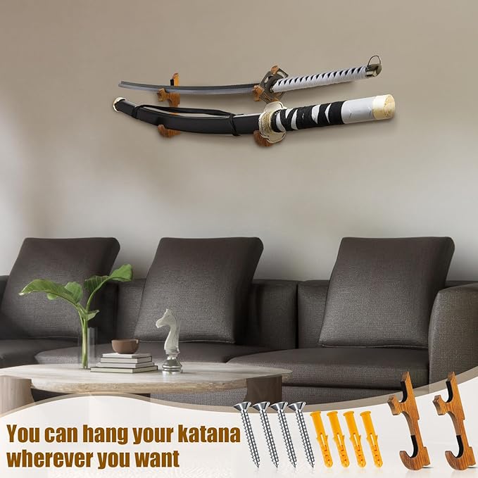 Chunful 2 Pcs Sword Wall Mount Sword Holder Katana Stand 1 Tier Hanger Adjustable Wooden Mounts for