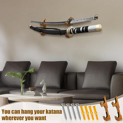 Chunful 2 Pcs Sword Wall Mount Sword Holder Katana Stand 1 Tier Hanger Adjustable Wooden Mounts for
