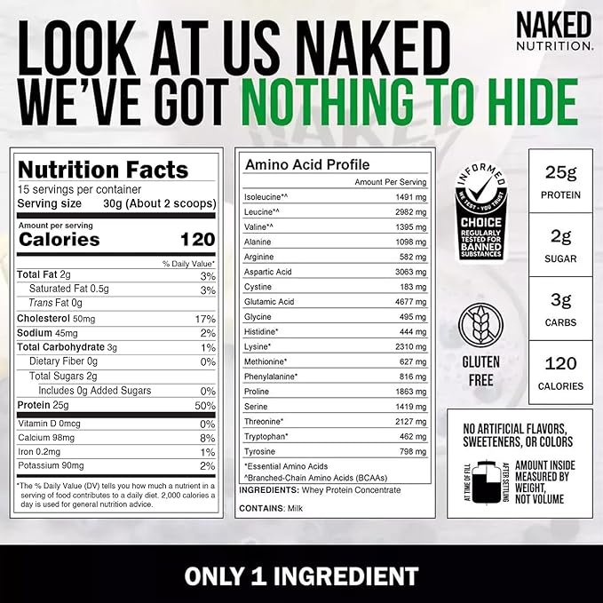 NAKED Whey 1Lb - Only 1 Ingredient, Grass Fed Whey Protein Powder, Undenatured, No Gmos, No Soy