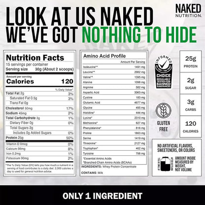 NAKED Whey 1Lb - Only 1 Ingredient, Grass Fed Whey Protein Powder, Undenatured, No Gmos, No Soy