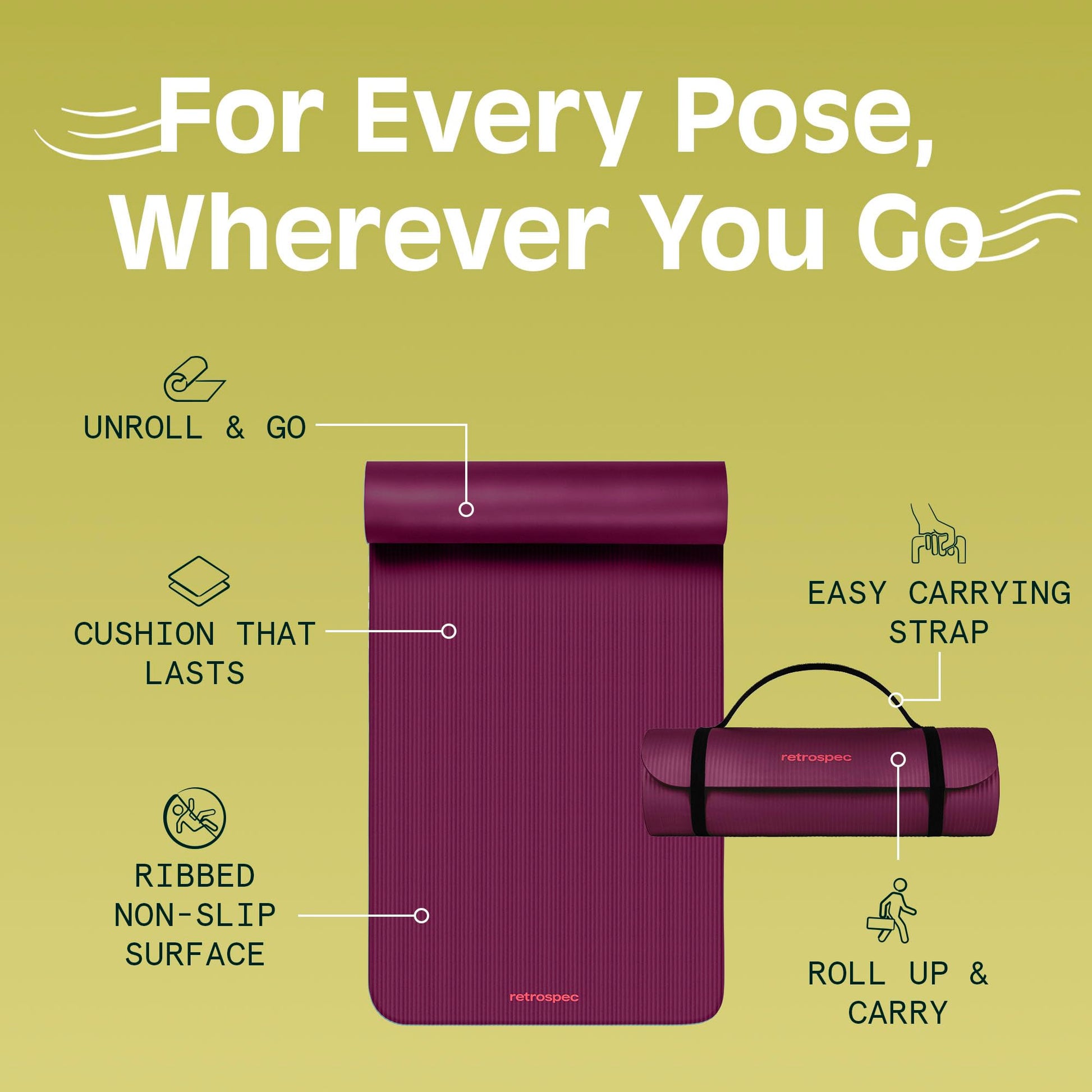 Retrospec Solana Yoga Mat 1" Thick w/Nylon Strap for Men & Women - Non Slip Exercise Mat for Home