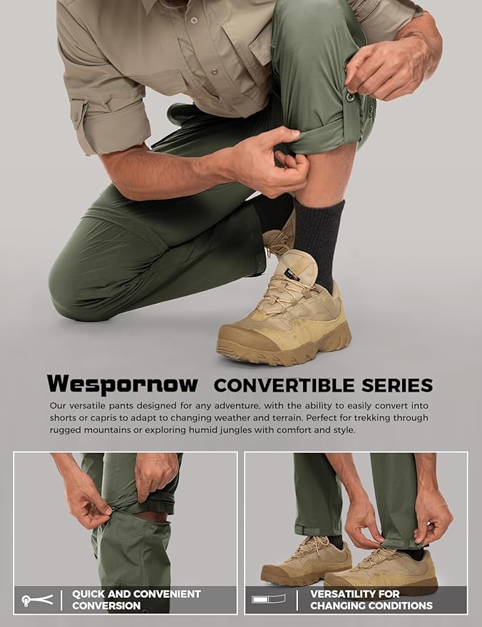 Wespornow Men's-Convertible-Hiking-Pants Quick Dry Lightweight Zip Off Breathable Cargo Pants for
