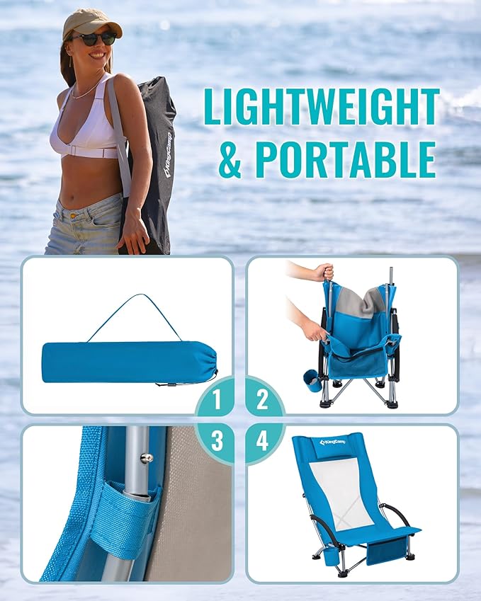 KingCamp Low Beach Chairs, Portable Folding Chair for Adults Extra Wide Ergonomic High Back Seat