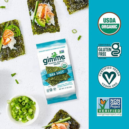 gimMe Organic Roasted Seaweed Sheets, Sea Salt, Keto, Vegan, Gluten Free, Great Source of Iodine