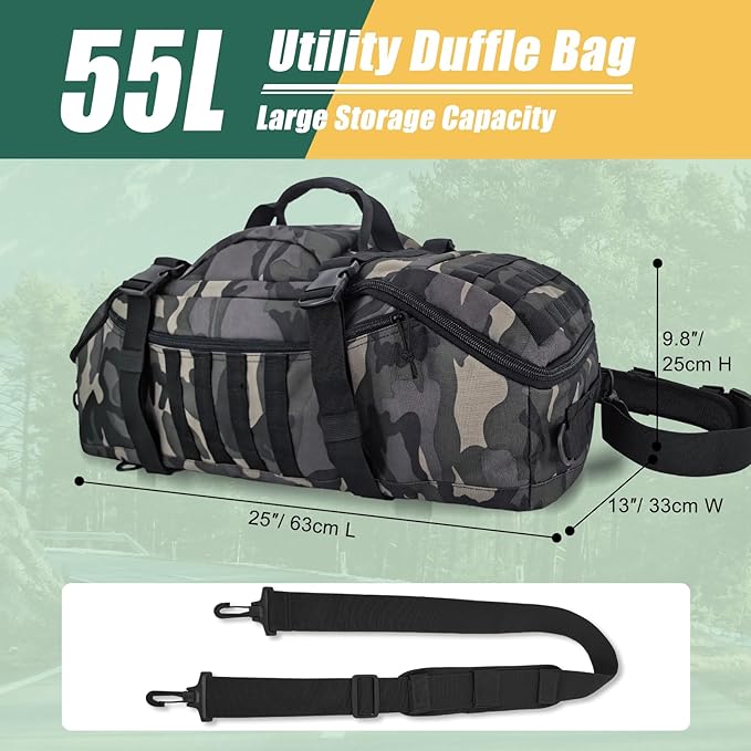 55L Large Travel Gym Duffle Bag Military Tactical Backpack, Army Pack 3 Day Bug Out Bag Rucksack