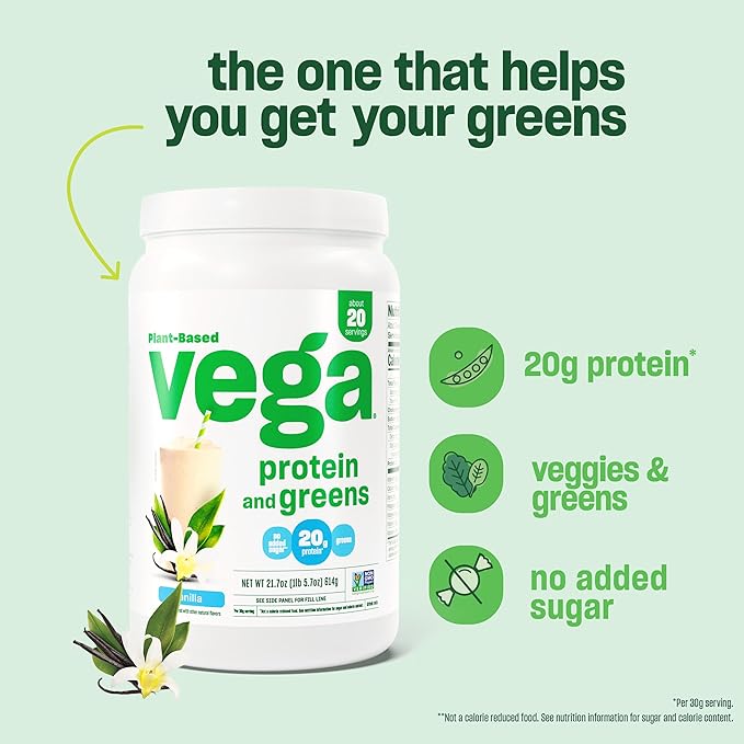 Vega Protein and Greens Protein Powder, Vanilla - 20g Plant Based Protein Plus Veggies, Vegan, Non