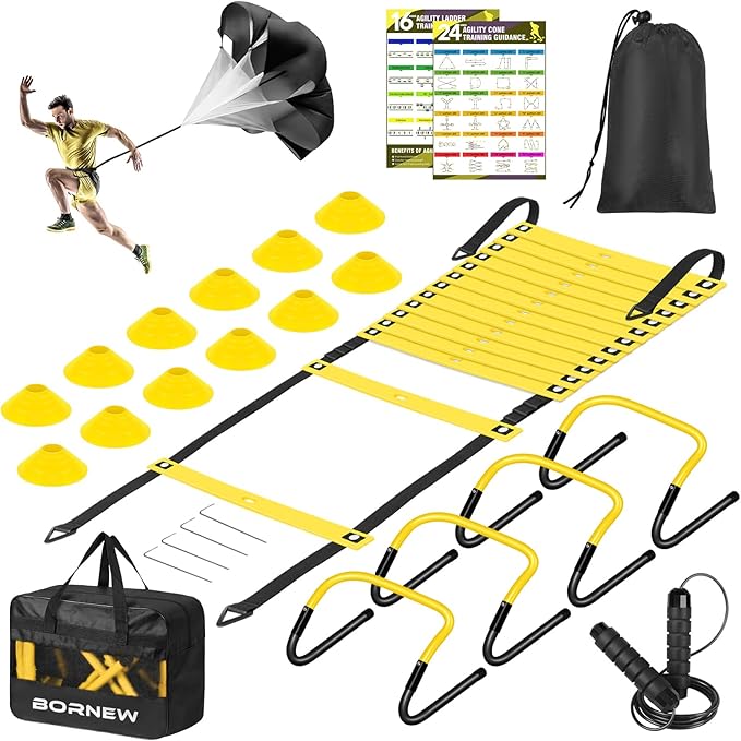 Soccer Training Equipment, Agility Speed Training Set with 20ft Speed Ladder, 12 Cones, 4