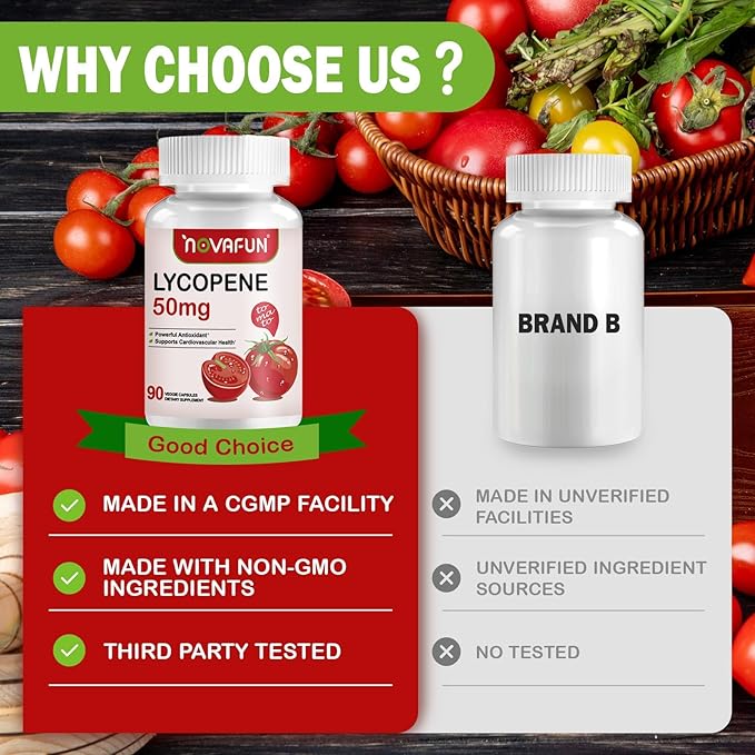 Lycopene Supplements for Men 50mg, Natural Tomato Antioxidant Supplement, 90 Veggie