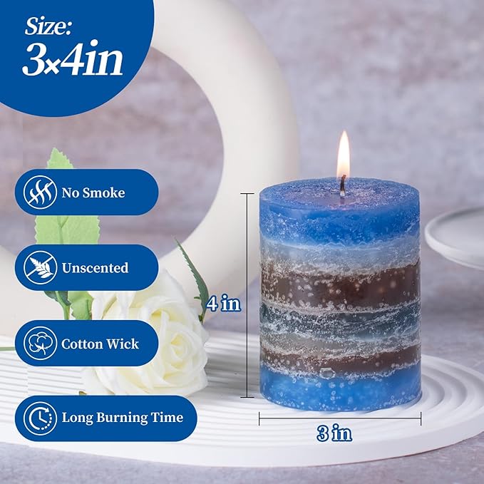 KONNI Blue-Coffee Layered Pillar Candles Set of 3, 3"x 4" Unscented Pillar Candles Bulk, 39 Hours
