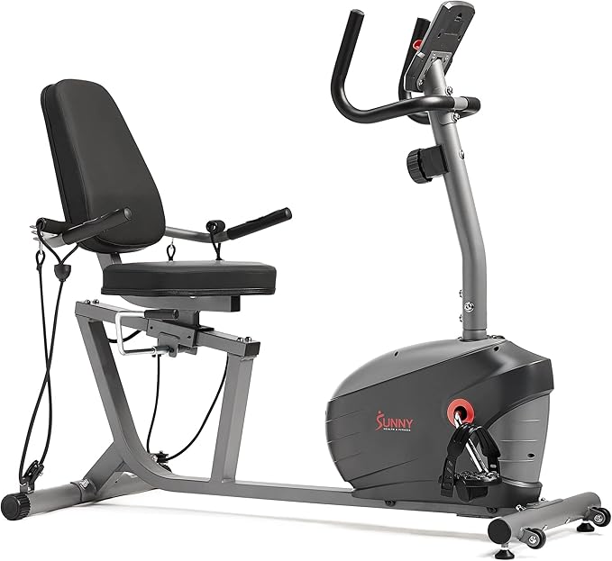 Sunny Health & Fitness Smart Indoor Recumbent Bike Trainer, Home Full Body Workout & Cardio Cycling
