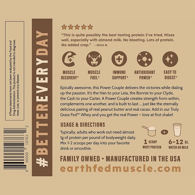 Earth Fed Muscle Power Couple Peanut Butter Chocolate Truly Grass Fed Whey Protein Isolate