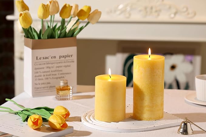 3x4 inch Yellow Pillar Candles Set of 3, Unscented Pillar Candle, Dripless and Smokeless Large