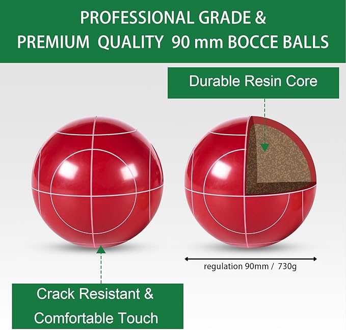Pointyard Bocce Ball Set, 90mm Resin Bocce Ball Set with 8 Resin Bocce Balls/1 Pallino/Nylon