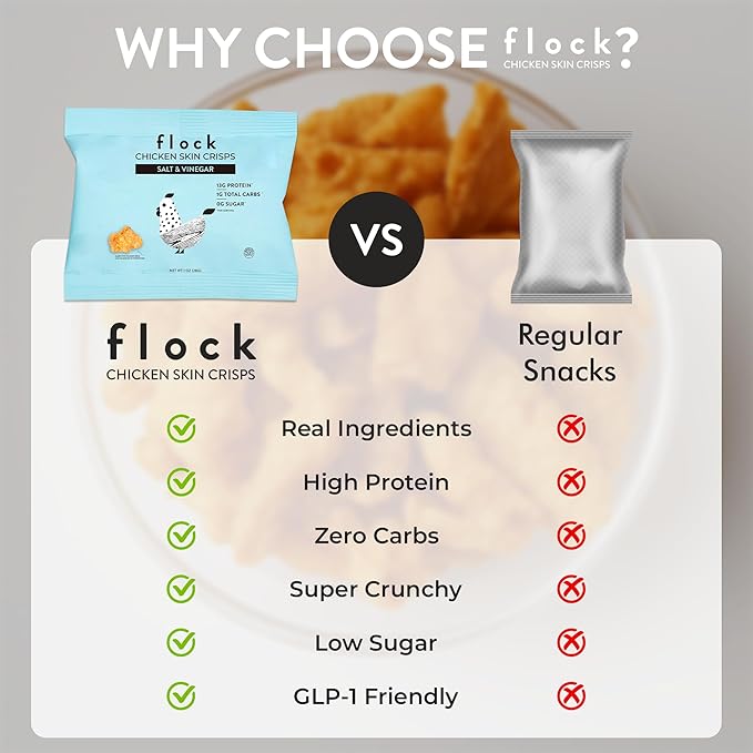 Flock Keto Chicken Skin Chips | Salt and Vinegar Flavor | Low Carb, High Protein, Sugar Free