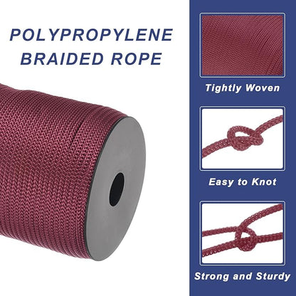 MECCANIXITY 5/32 Inch Polypropylene Rope Braided Ropes, 328ft Camping Rope Hollow Utility Cord for