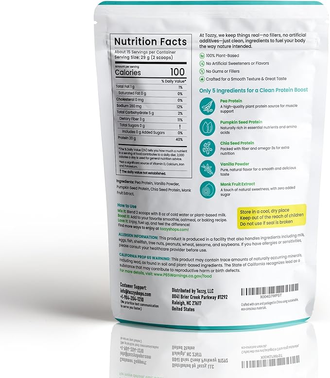 TOZZY Vegan Pea Protein Powder | Plant-Based Protein | Only 5 Simple Ingredients | 20g Protein, 100