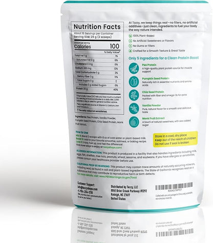 TOZZY Vegan Pea Protein Powder | Plant-Based Protein | Only 5 Simple Ingredients | 20g Protein, 100