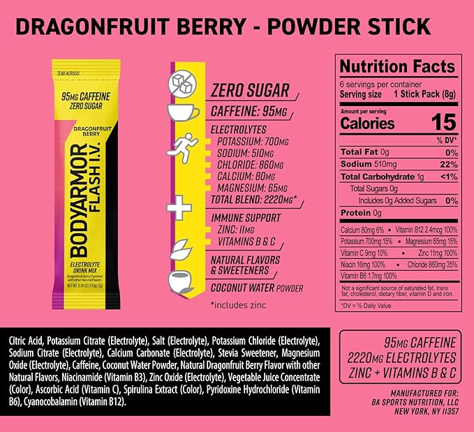 BODYARMOR Caffeinated Flash I.V. Electrolyte Packets - Dragonfruit Berry - Zero Sugar Energy Drink