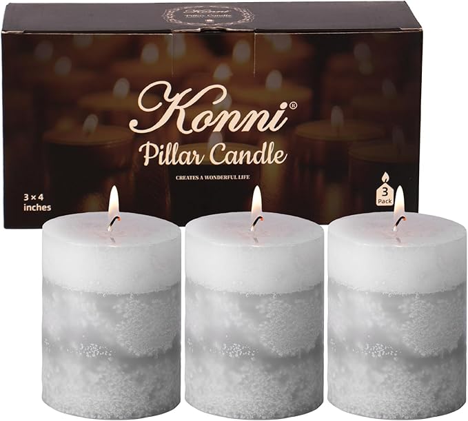 KONNI Gray Layered Pillar Candles Set of 3, 3"x 4" Unscented Pillar Candles Bulk, 39 Hours Long