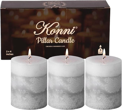 KONNI Gray Layered Pillar Candles Set of 3, 3"x 4" Unscented Pillar Candles Bulk, 39 Hours Long