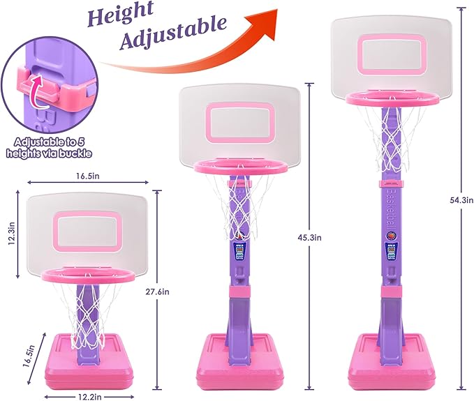 SUPER JOY Toddler Pink Basketball Hoop for Kids 1-3,2-4 5 Years Old, Adjustable Mini Hoop Set for
