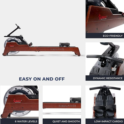 Sunny Health & Fitness Elite Water Rowing Machine with High Dynamic Resistance Vertical Tank