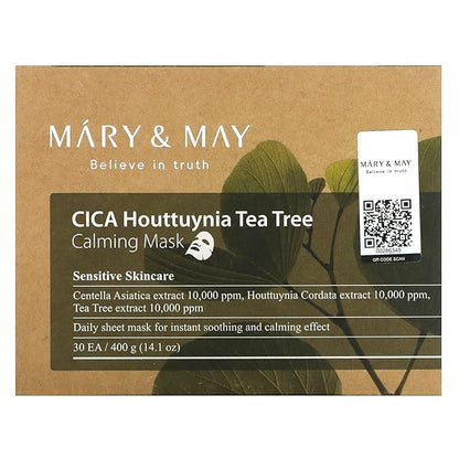 Mary&May CICA Houttuynia Tea Tree Calming Mask - Daily Pull Out Sheet Mask for Instant Soothing &