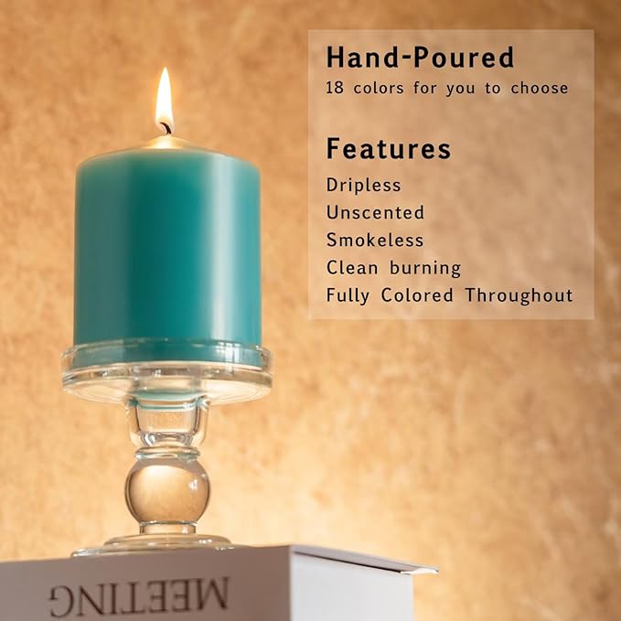 MOZEAL 3" x 6" Hand-Poured Unscented Turquoise Pillar Candles,Dripless Candles Set of 3,Long