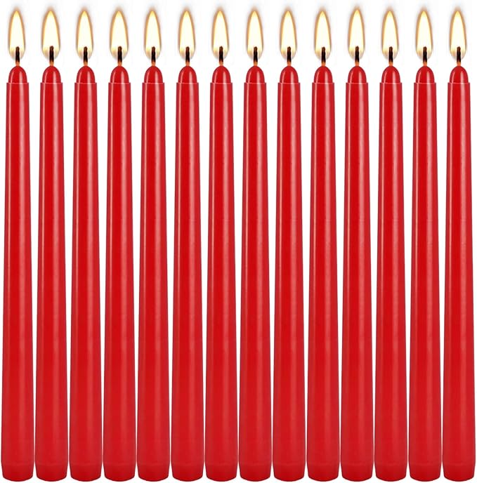 24 Pack Red Taper Candles, 7-8 Hours Burn Time, Unscented, Smokeless and Dripless, 0.75 x 10 Inch