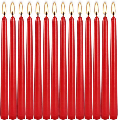 24 Pack Red Taper Candles, 7-8 Hours Burn Time, Unscented, Smokeless and Dripless, 0.75 x 10 Inch