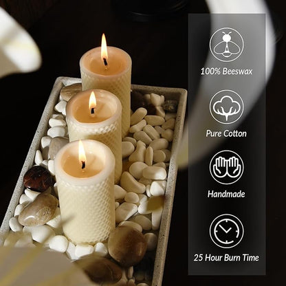 Pure Natural Beeswax Pillar Candles Bulk - Pack of 6 - Honeycomb Surface, No Scent- for