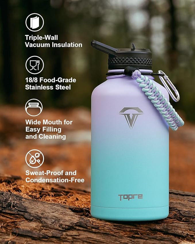 Insulated Water Bottle 64oz,Half Gallon Water Flask Stainless Steel, Cold for 48 Hrs,BPA-Free &