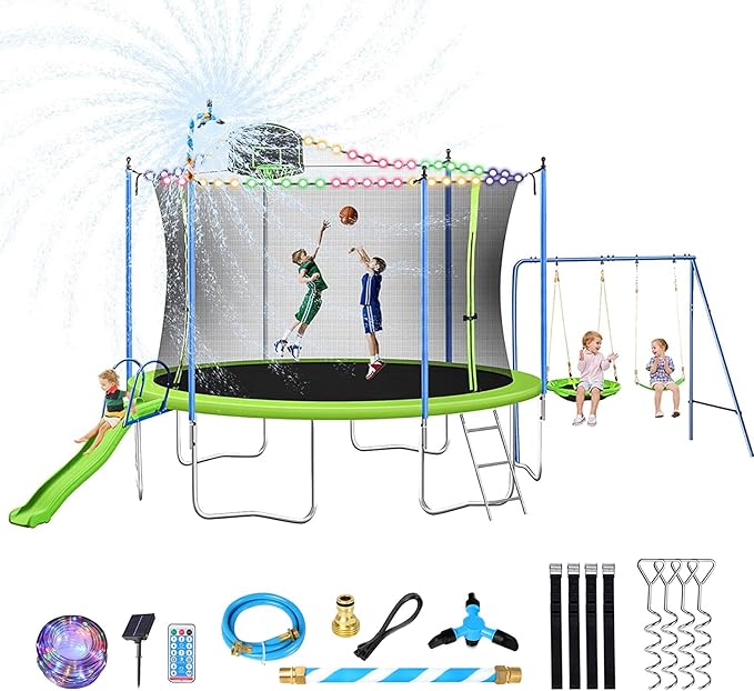 12FT 14FT Trampoline with Slide and Swings, ASTM Approved Outdoor Trampoline with Basketball Hoop