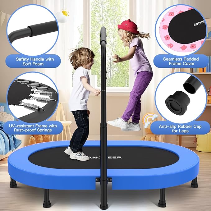 ANCHEER 56" Double Mini Trampoline for Kids, Mini Rebounder with 5-Level Adjustable Handle