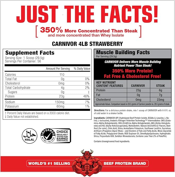 MuscleMeds Carnivor Beef Protein Isolate, 0 Lactose, 0 Sugar, 0 Fat, Halal Certified, Strawberry