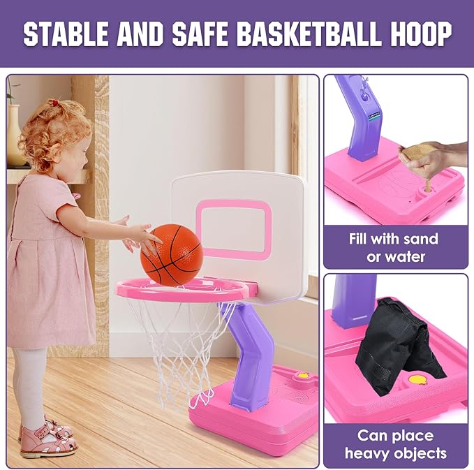 SUPER JOY Toddler Pink Basketball Hoop for Kids 1-3,2-4 5 Years Old, Adjustable Mini Hoop Set for