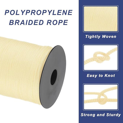 MECCANIXITY 1/8 Inch Polypropylene Rope Braided Ropes, 328ft Nylon Rope Hollow Utility Cord for