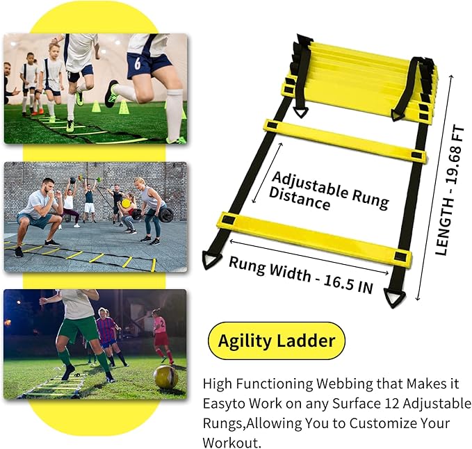Soccer Agility Training Equipment Set, 12 Rung 20Ft Agility Ladder, 12 Disc Cones, 4 Steel Stakes