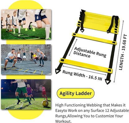 Soccer Agility Training Equipment Set, 12 Rung 20Ft Agility Ladder, 12 Disc Cones, 4 Steel Stakes