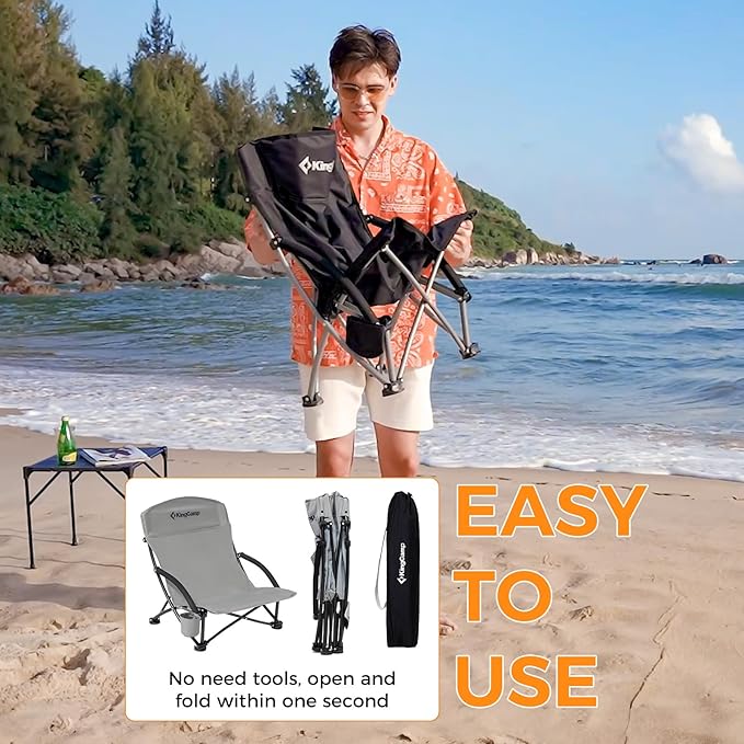 KingCamp Low Beach Chairs, Portable Folding Chair for Adults Extra Wide Ergonomic High Back Seat