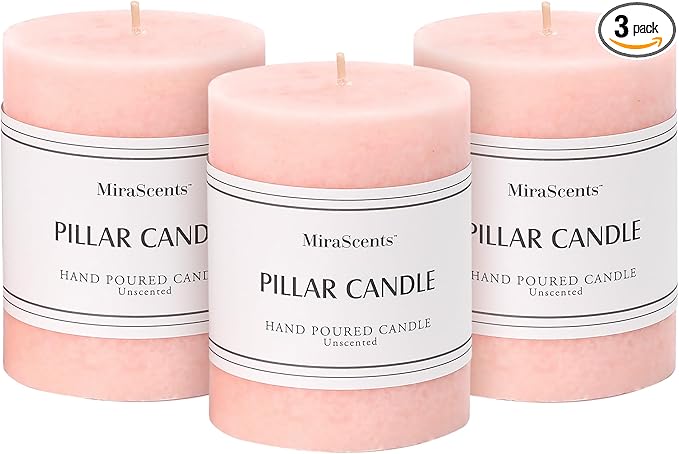 3x4 inch Pink Pillar Candles Set of 3, Unscented Pillar Candle, Dripless and Smokeless Large