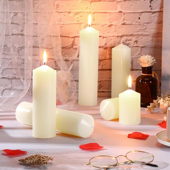 MTLEE Set of 72 Ivory Pillar Candles 2 x 3, 2 x 6, 2 x 8 Inch Smokeless and Dripless Unscented
