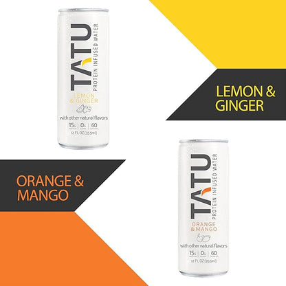 TATU Ready-To-Drink Protein Infused Water Orange Mango 4 Pack. 15 grams of whey protein isolate, 0