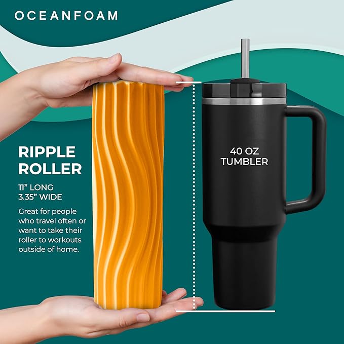 Oceanfoam Ripple Travel Foam Roller (11" x 3.35") Firm Mini Foam Roller for Physical Therapy, Deep