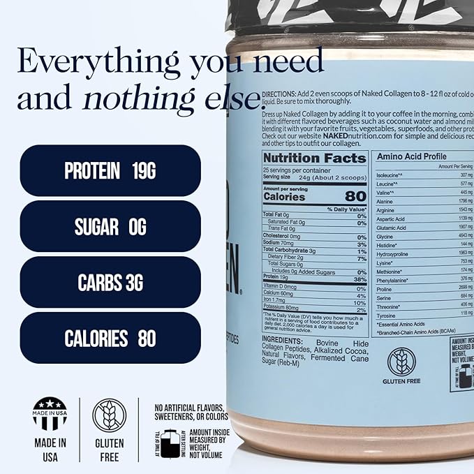 NAKED Chocolate Collagen Peptides Protein Powder, 24 Servings, Pasture-Raised, Grass-Fed Hydrolyzed