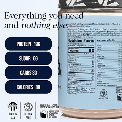 NAKED Chocolate Collagen Peptides Protein Powder, 24 Servings, Pasture-Raised, Grass-Fed Hydrolyzed