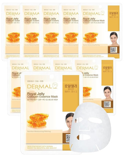 DERMAL Royal Jelly Collagen Essence Korean Facial Mask Sheet Pack of 10 - Intensive Moisture