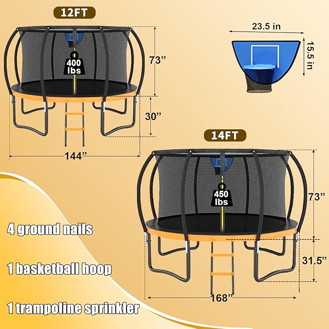 Trampoline 12FT 14FT 15FT 16FT for Kids/Adults - Outdoor Recreational with Enclosure Net Curved