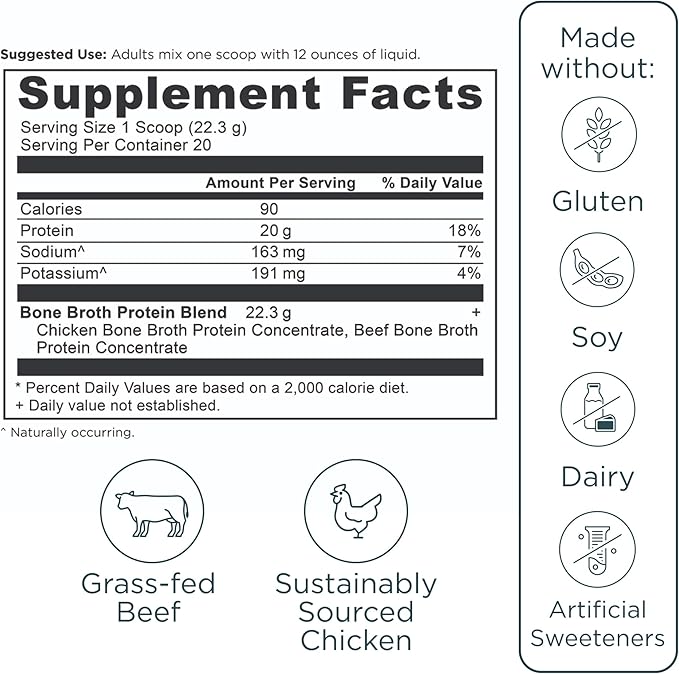 Ancient Nutrition Grass Fed & Cage Free Bone Broth Protein Powder, 20g Protein Per Serving