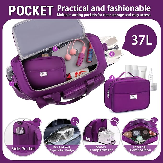 FIORETTO Women's Gym Duffle Bag with Shoes Compartment, 37L Capacity, Ideal for Travel, Gym